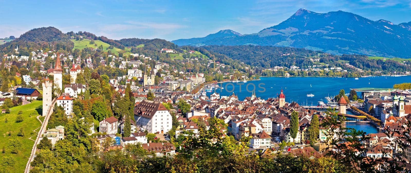 City and lake of Luzern panoramic view from the hill, Alps and lakes landscape of Switzerland
