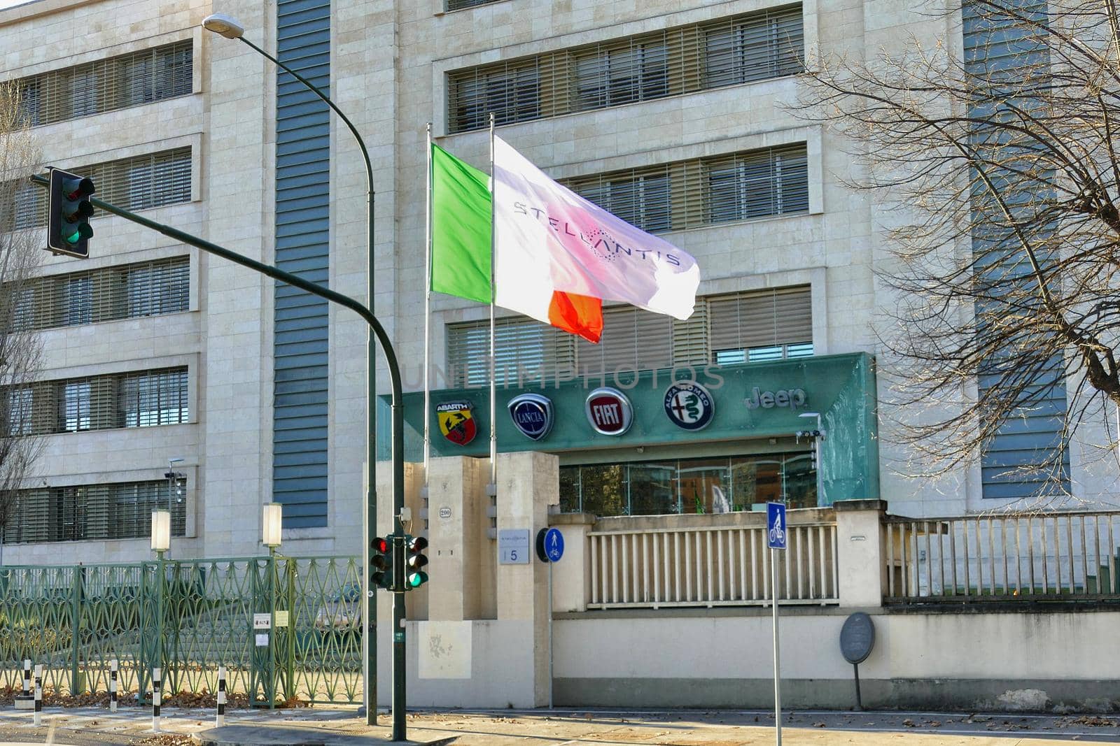 Stellantis corporation flag at italian headquarters after merging between Groupe PSA and FCA automotive Turin Italy January 25 2021 by lemar