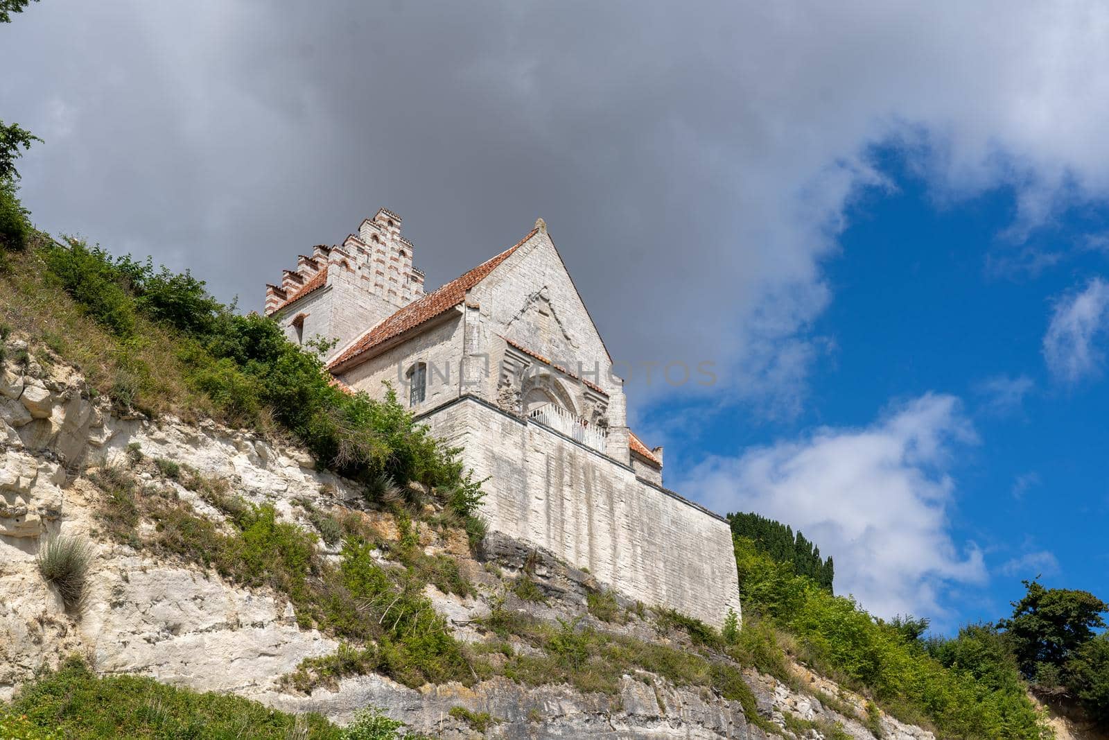 Hojerup, Denmark - July 21, 2020: Old Hojerup Church at the cliff at Stevns Klint