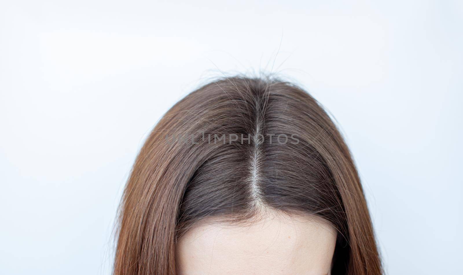 A woman's head with a parting of gray hair that has grown roots due to quarantine. Brown hair on a woman's head close-up.