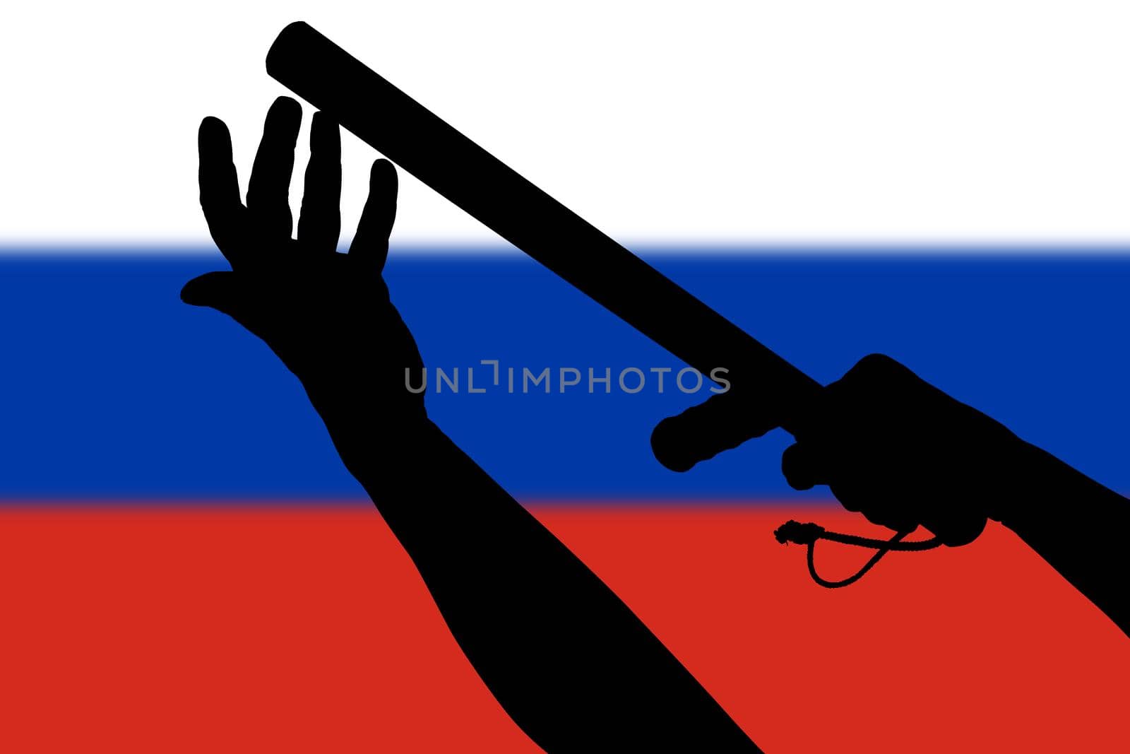 two arms with police tonfa rubber stick silhouette and blurry russian flag in the background - violent riot control concept