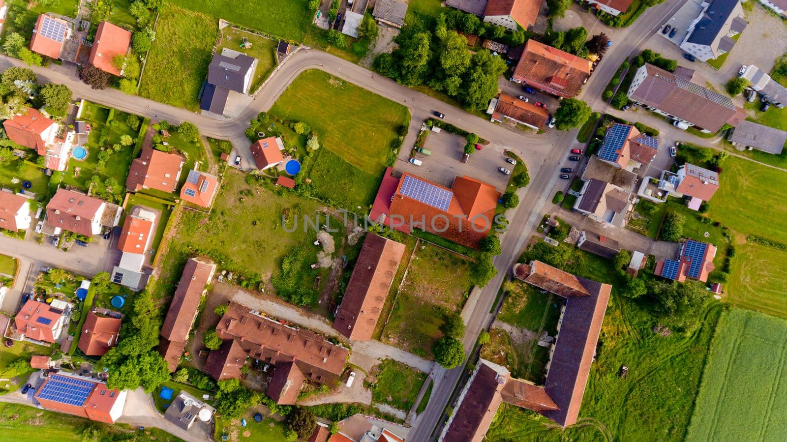 Aerial view of Boos village in Bavaria. Germany. Top view.