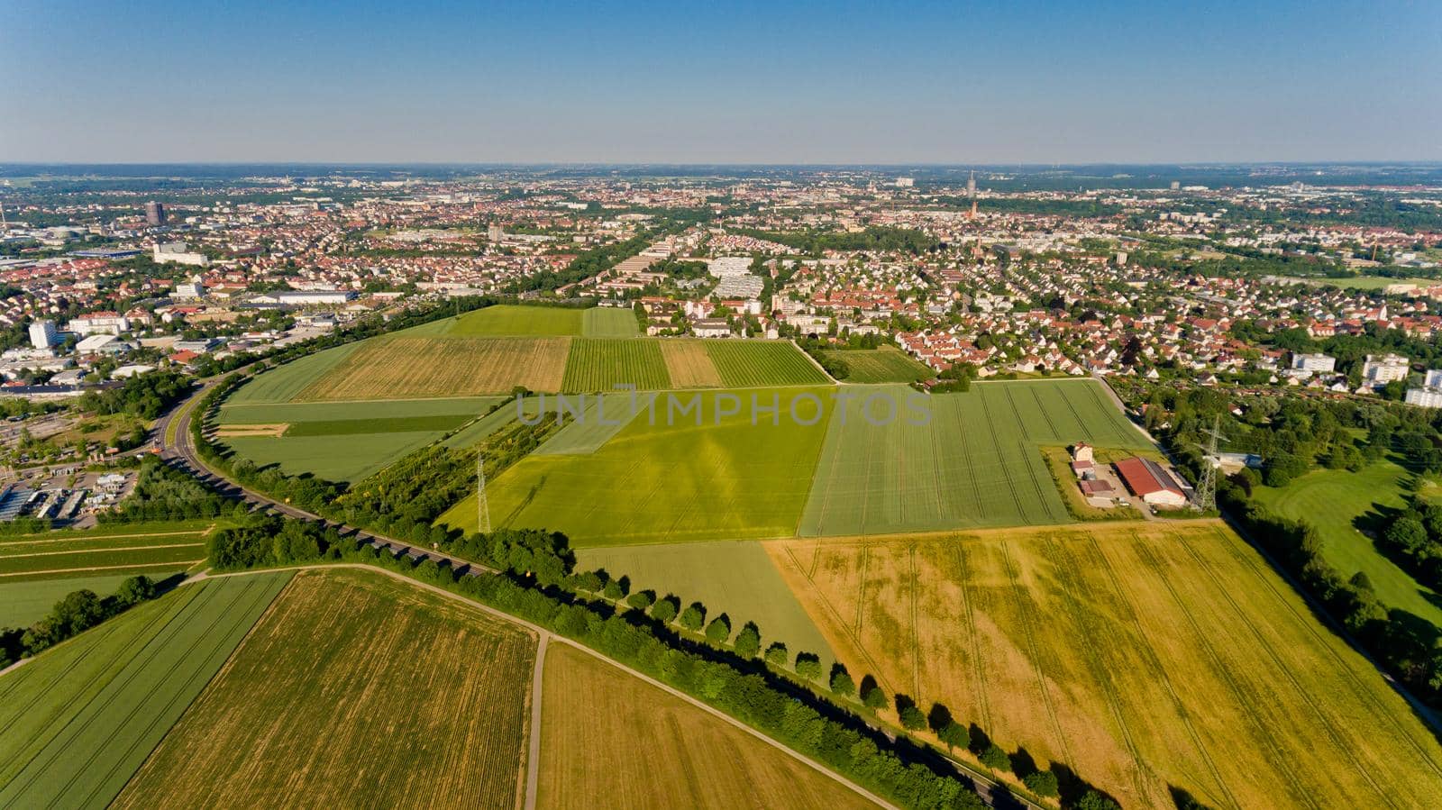 Aerial view of surroundings of the village of Steppach. Augsburg, Germany.