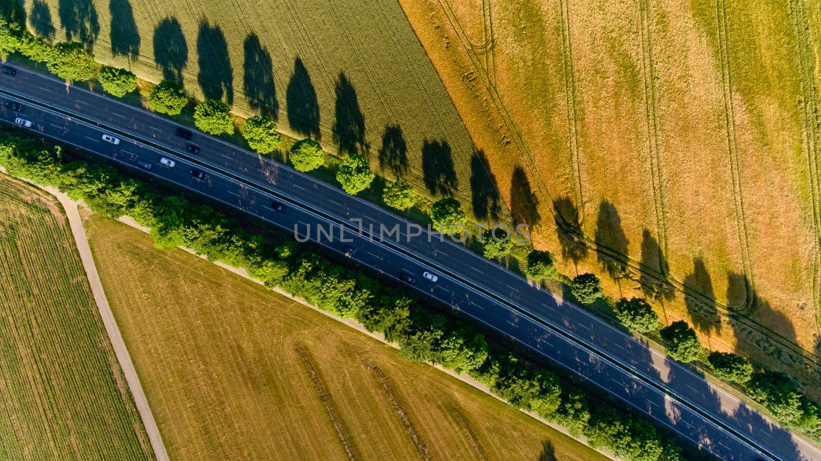 Top view of asphalt road passes through the field.