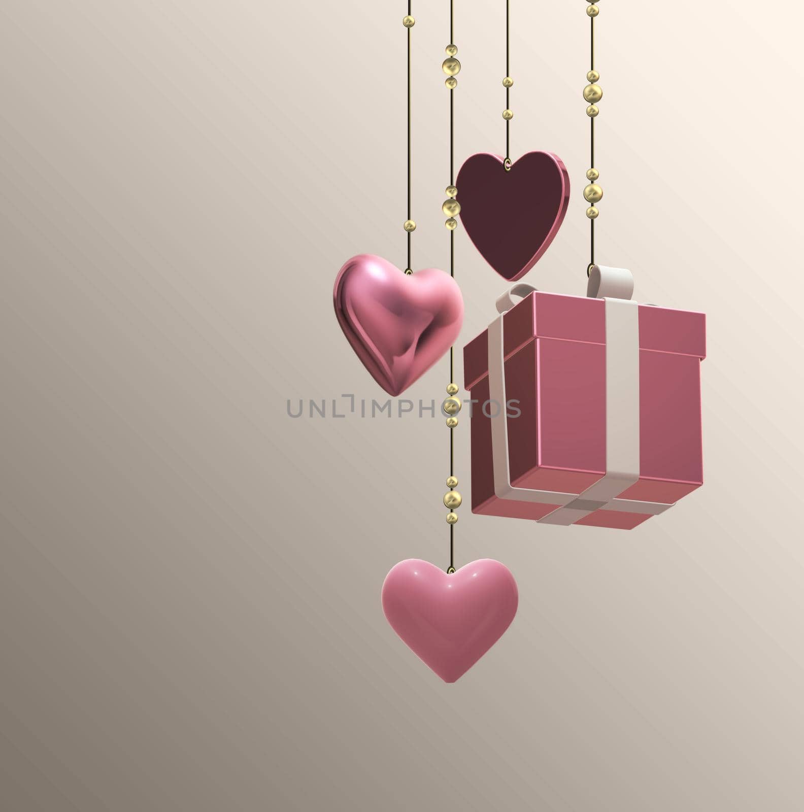 3D pink hearts, gift box on pastel pink background. Hanging symbols of love. Valentine's, birthday, mothers day, 8th March design. 3D illustration