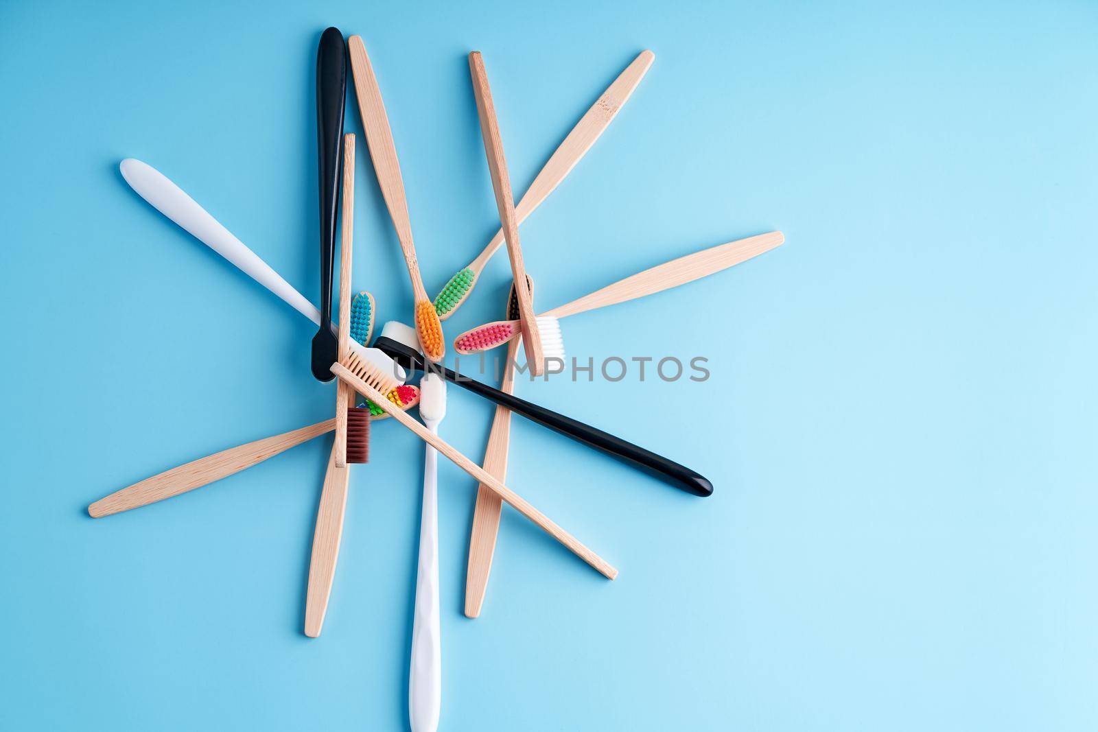 Bunch of toothbrushes. Choosing toothbrush. Oral hygiene.