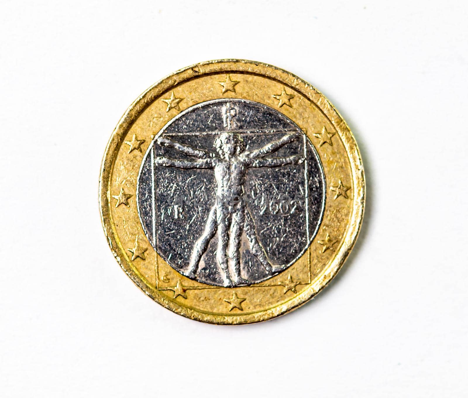 photograph of a one euro coin on a white background