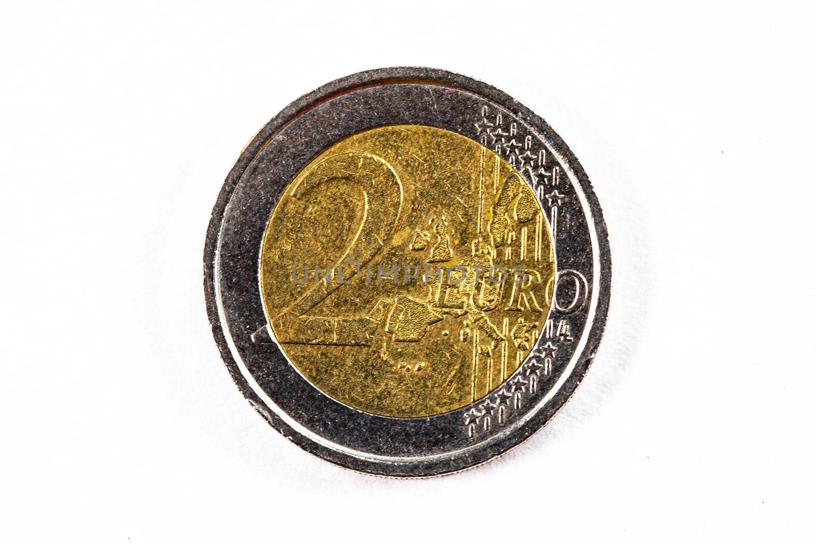 photograph of a two euro coin on a white background