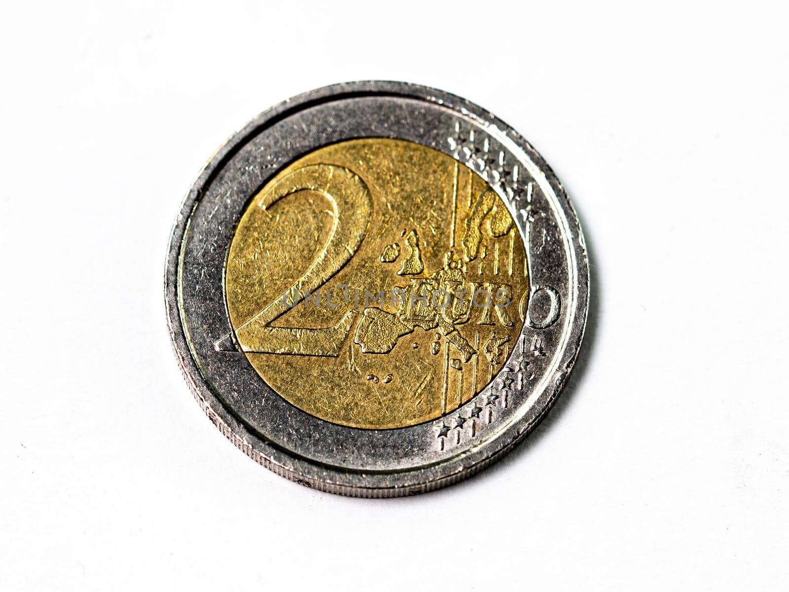 photograph of a two euro coin on a white background