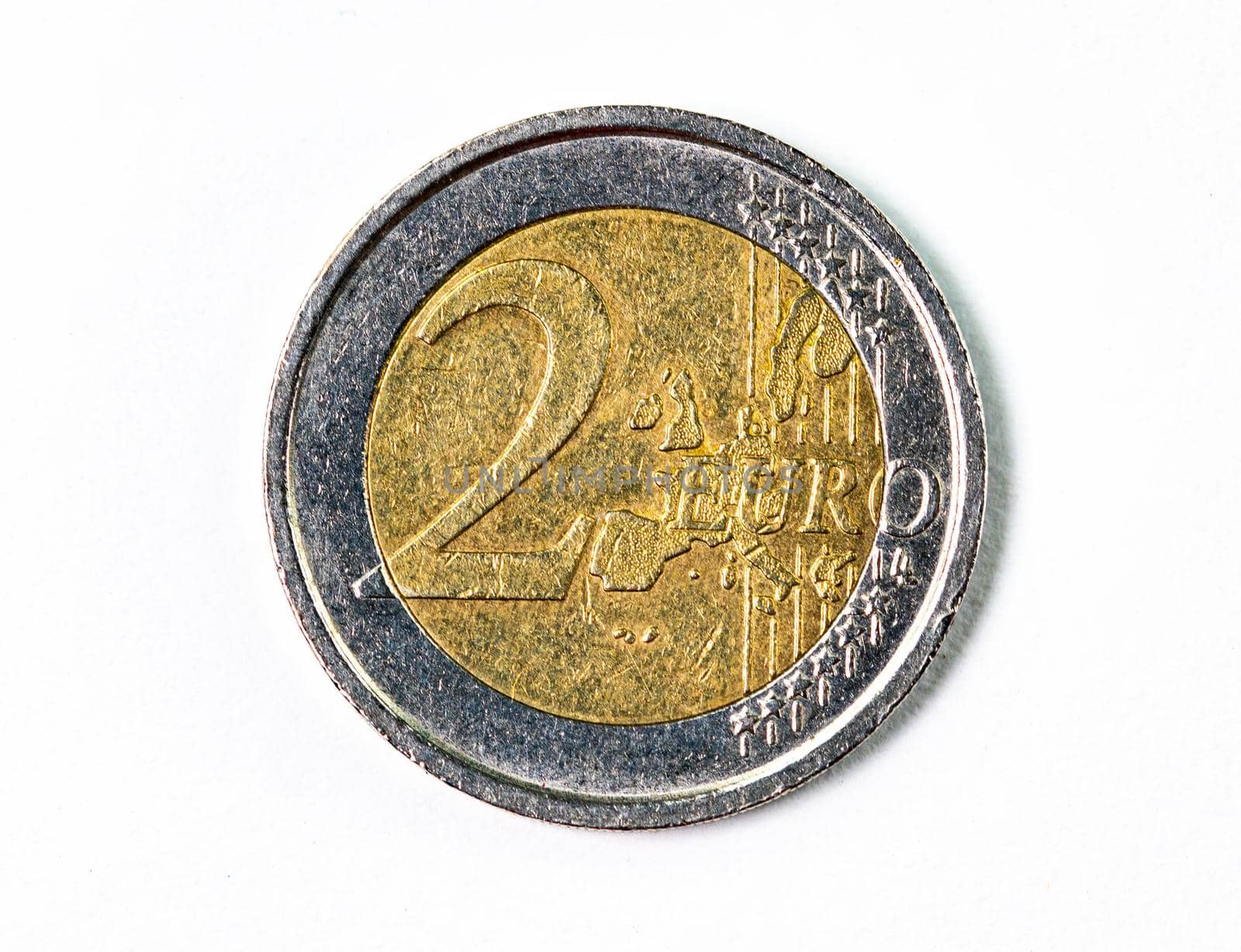 photograph of a two euro coin on a white background
