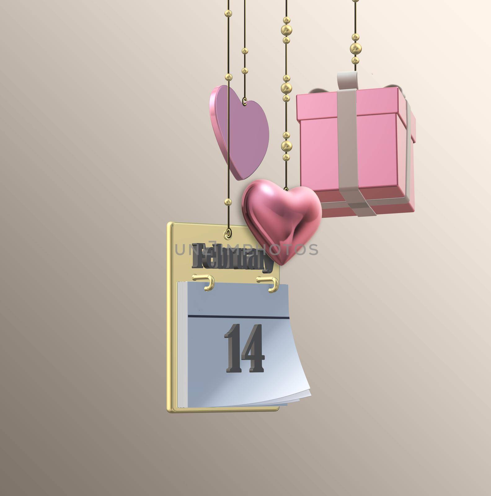 Valentine love card with hanging 3D hearts, gift box, calendar, 14th February on pastel pink background. Love, happy Valentines day design. 3D illustration