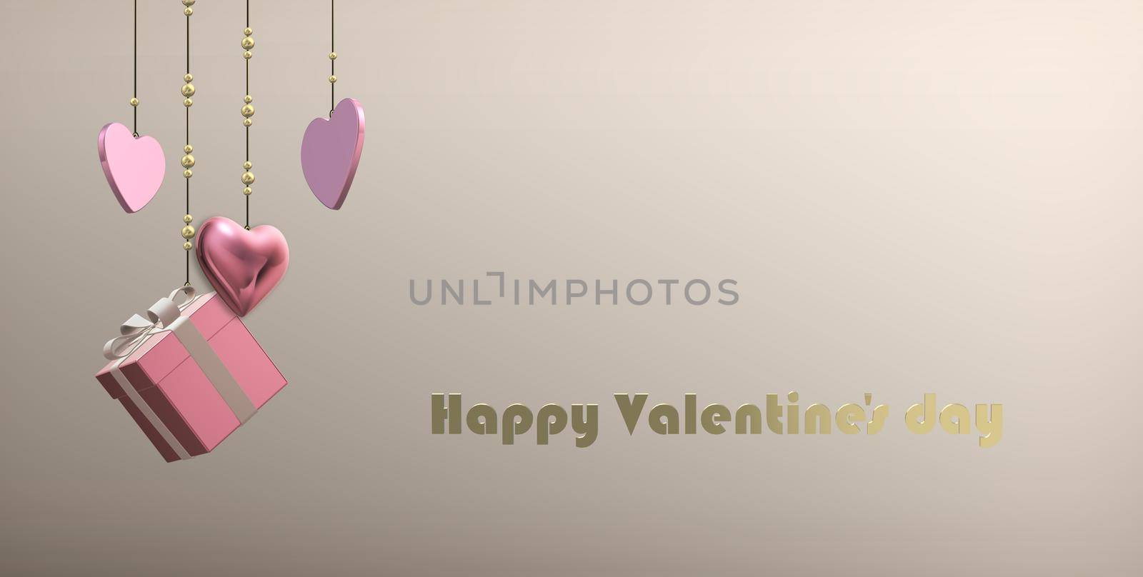 Luxury Valentines card, love design, hanging pink gold hearts, gift box on pastel background. Gold text Happy Valentine's day. Elegant design, template for love card. 3D illustration