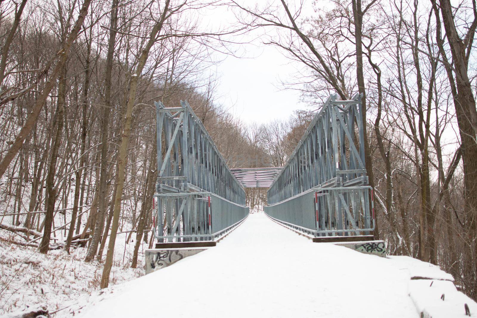 A metal bridge with snow covering it by mynewturtle1