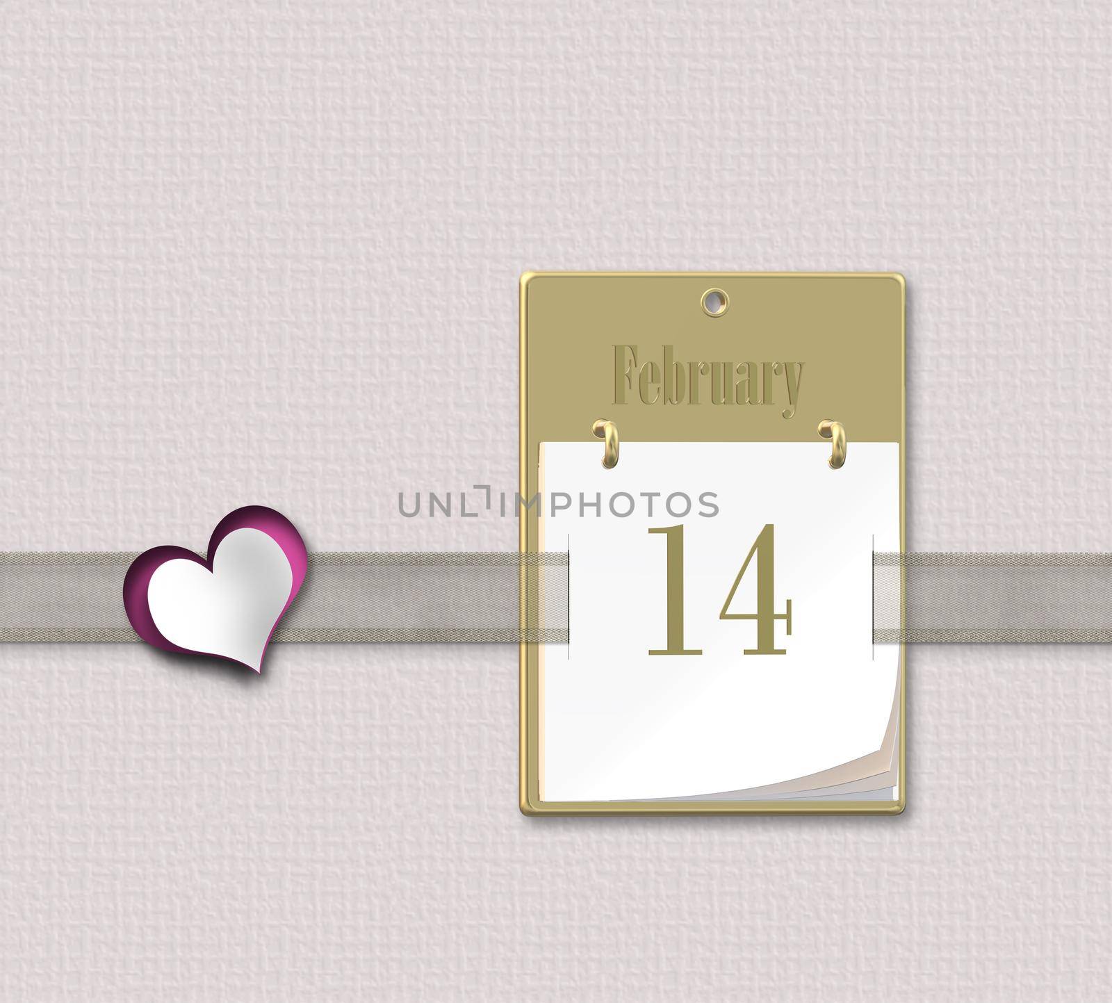 Valentine's day calendar 14 February on pink pastel background. Cute pink heart. 3D rendering