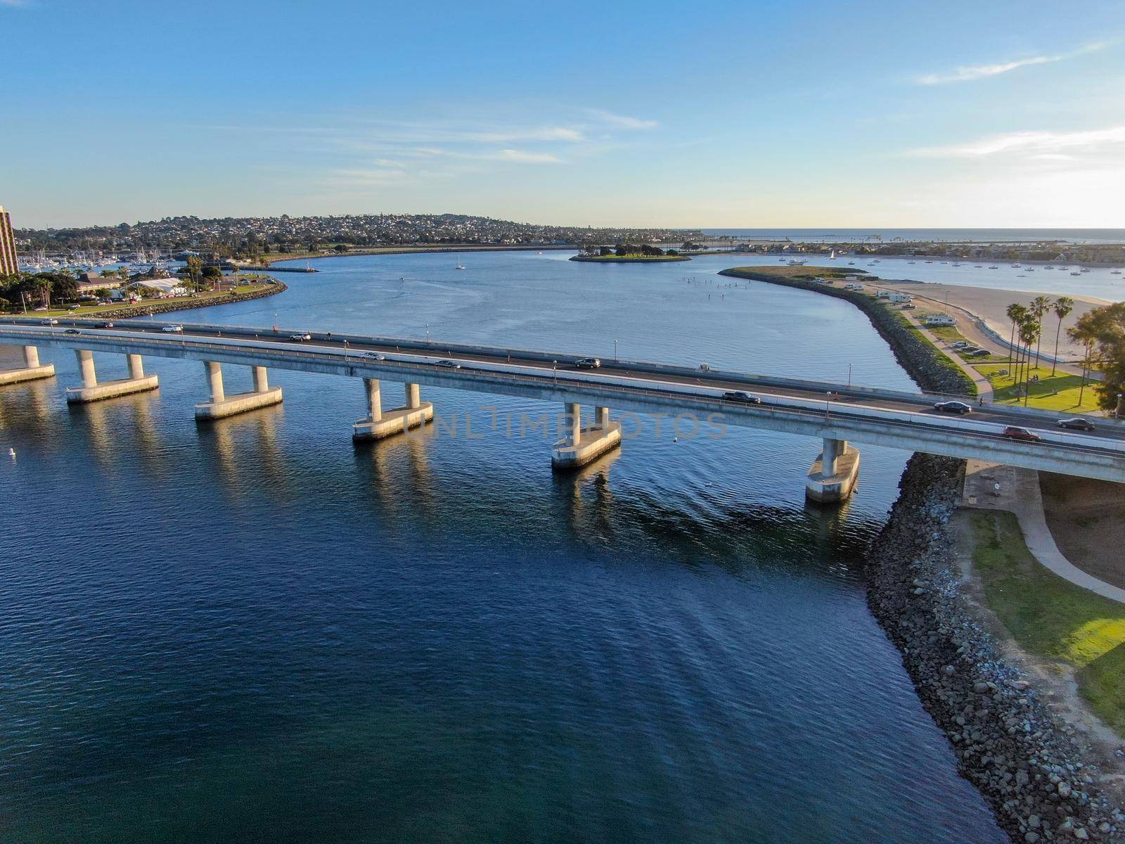  Aerial view of Mission Bay in San Diego, with Ingraham Street bridge during summer sunny day.  by Bonandbon