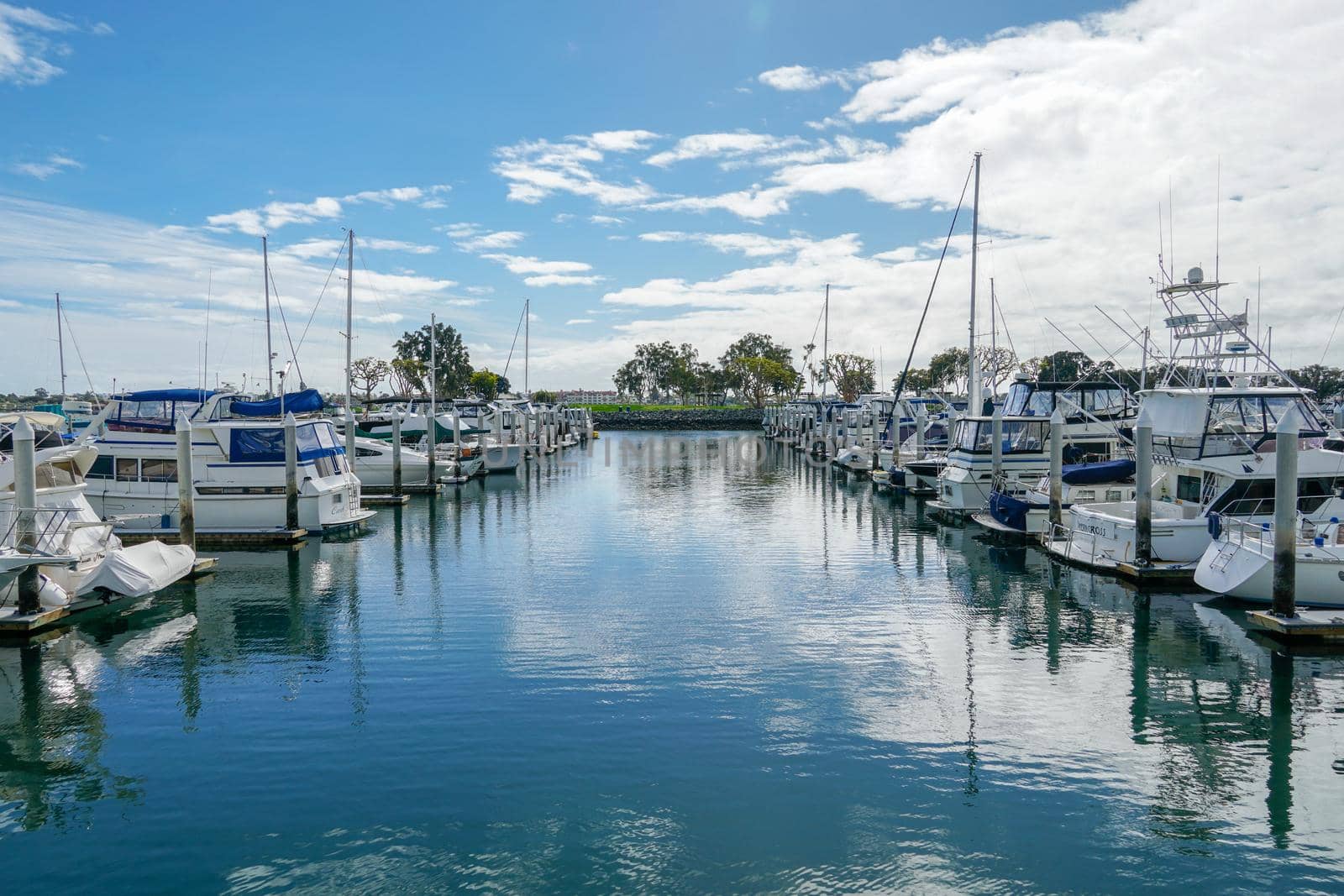 Boats moored at Embarcadero Marina Park North, San Diego. Boat, yachts, ship and sail docked at the harbor. Marina with anchored luxury boats. California. USA. January 16th, 2021