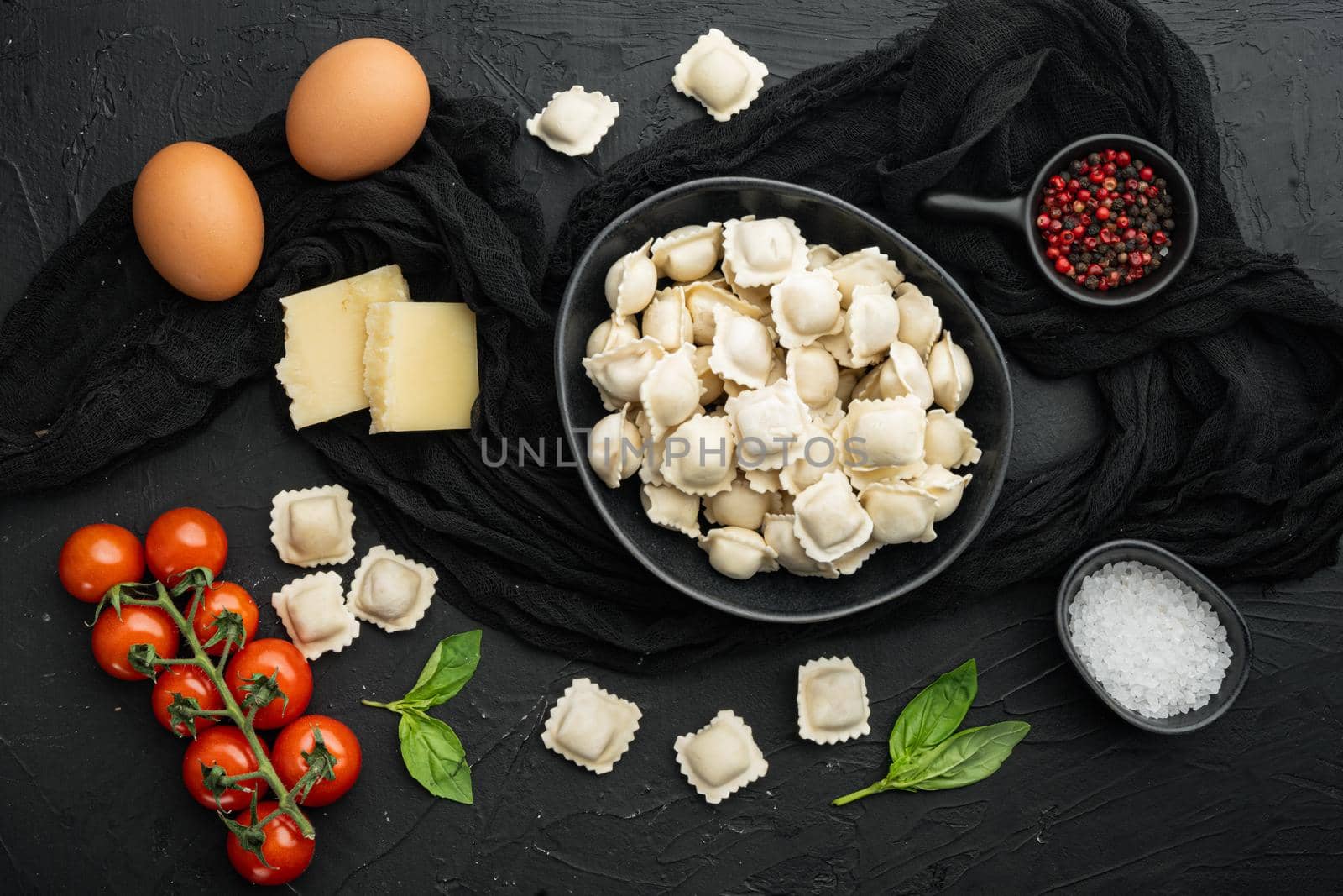 , on black background, top view flat lay
