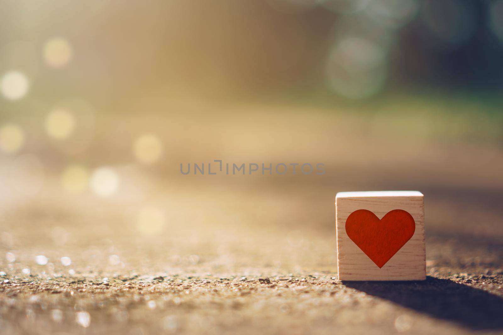 Wooden cube with heart sign icon on and copy space nature sunlight you can put text on background. Valentine love season concept.