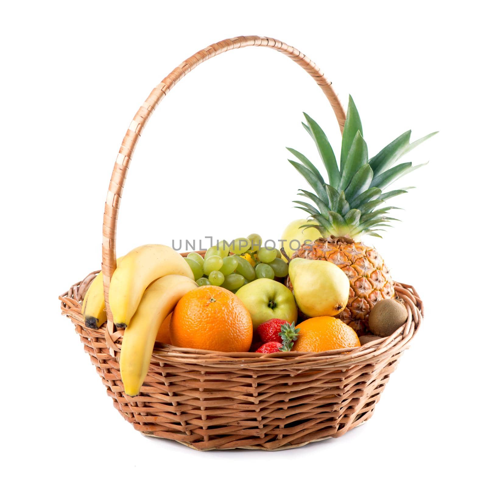 Fresh fruit in the basket against a white background