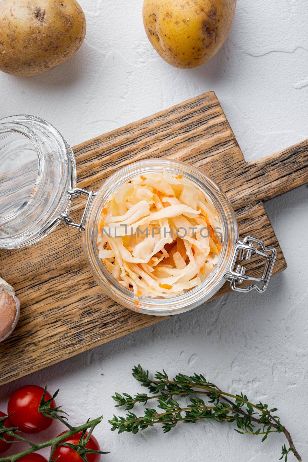 Cabbage preserving set, on white background, top view flat lay