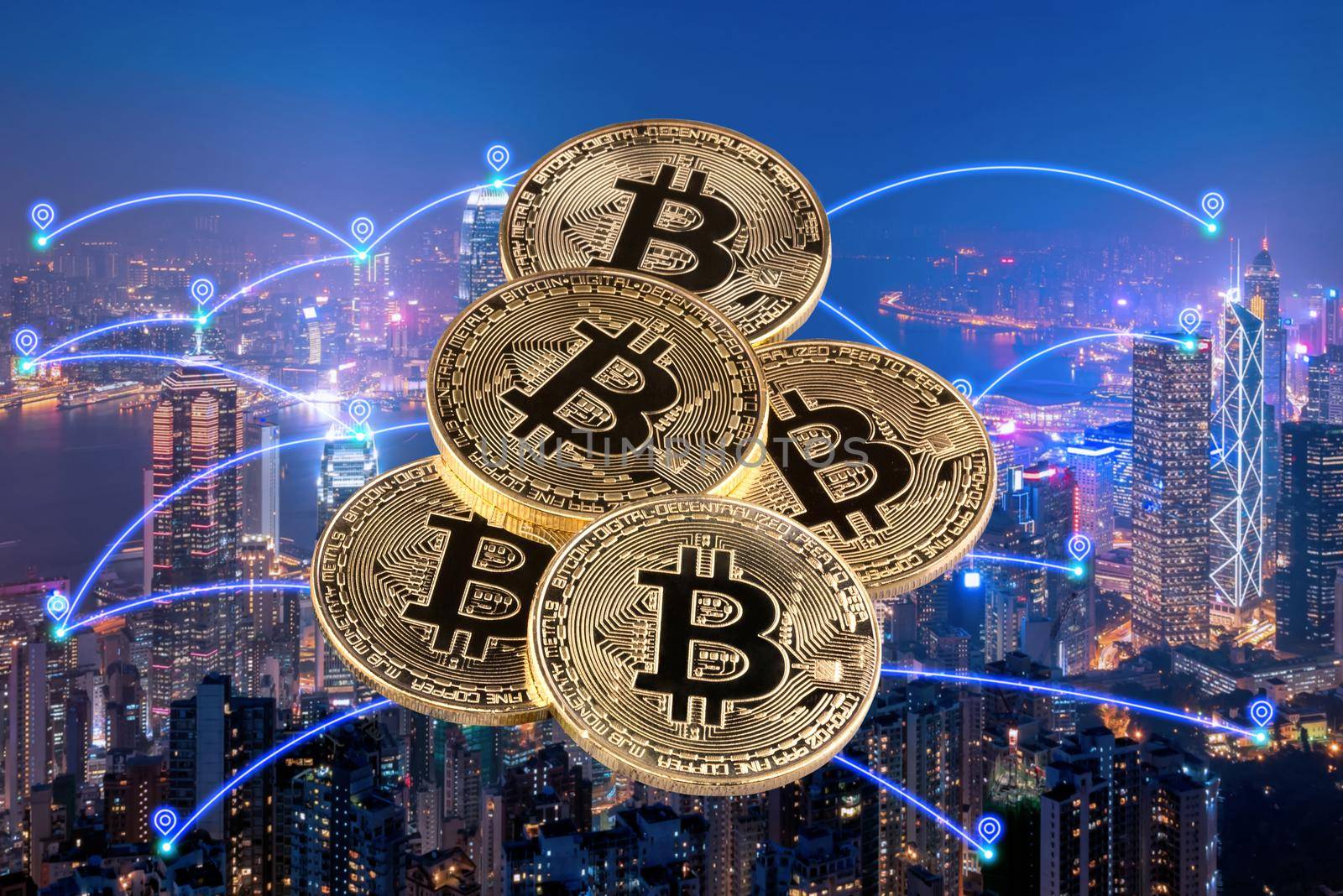Bitcoin trading with smart city communication network and internet of things for Cryptocurrency and money investing concept.