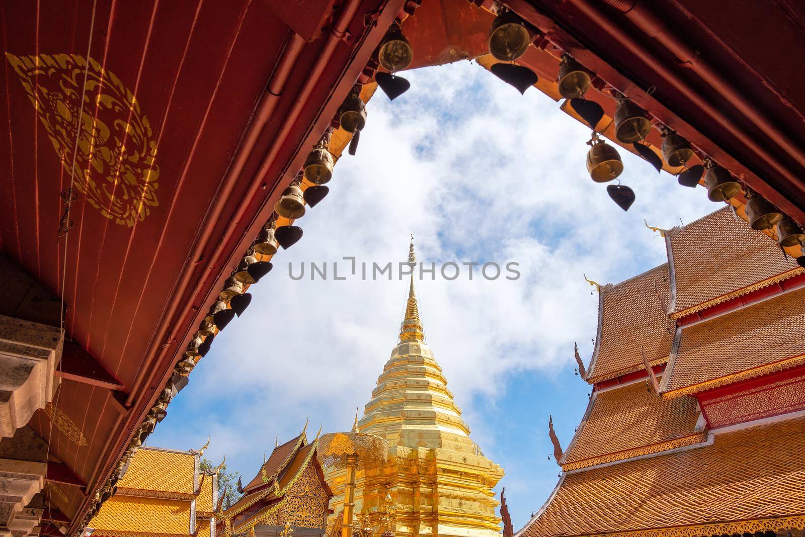 Wat Phra That Doi Suthep with blue sky in Chiang Mai. The attractive sightseeing place for tourists and landmark of Chiang Mai,Thailand.