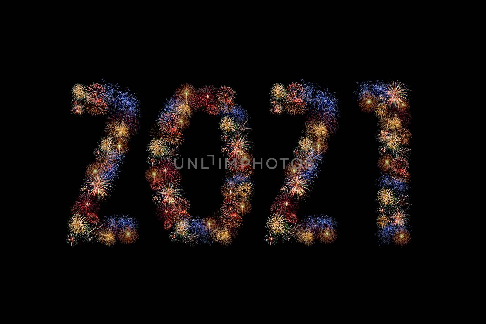 Colour fireworks forming new year 2021 AD on black background. by Nuamfolio