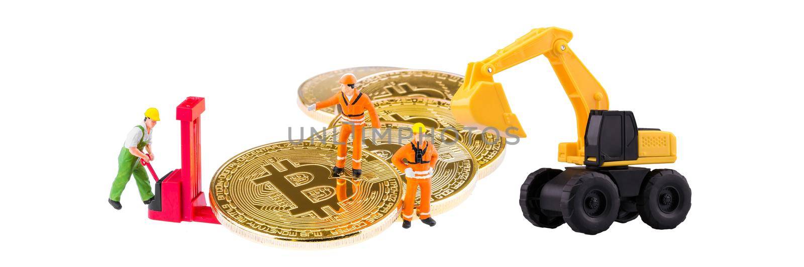 Miniature engineer and worker are mining and transferring Bitcoin activity. Conceptual design for technology of Cryptocurrency and Blockchain by Nuamfolio