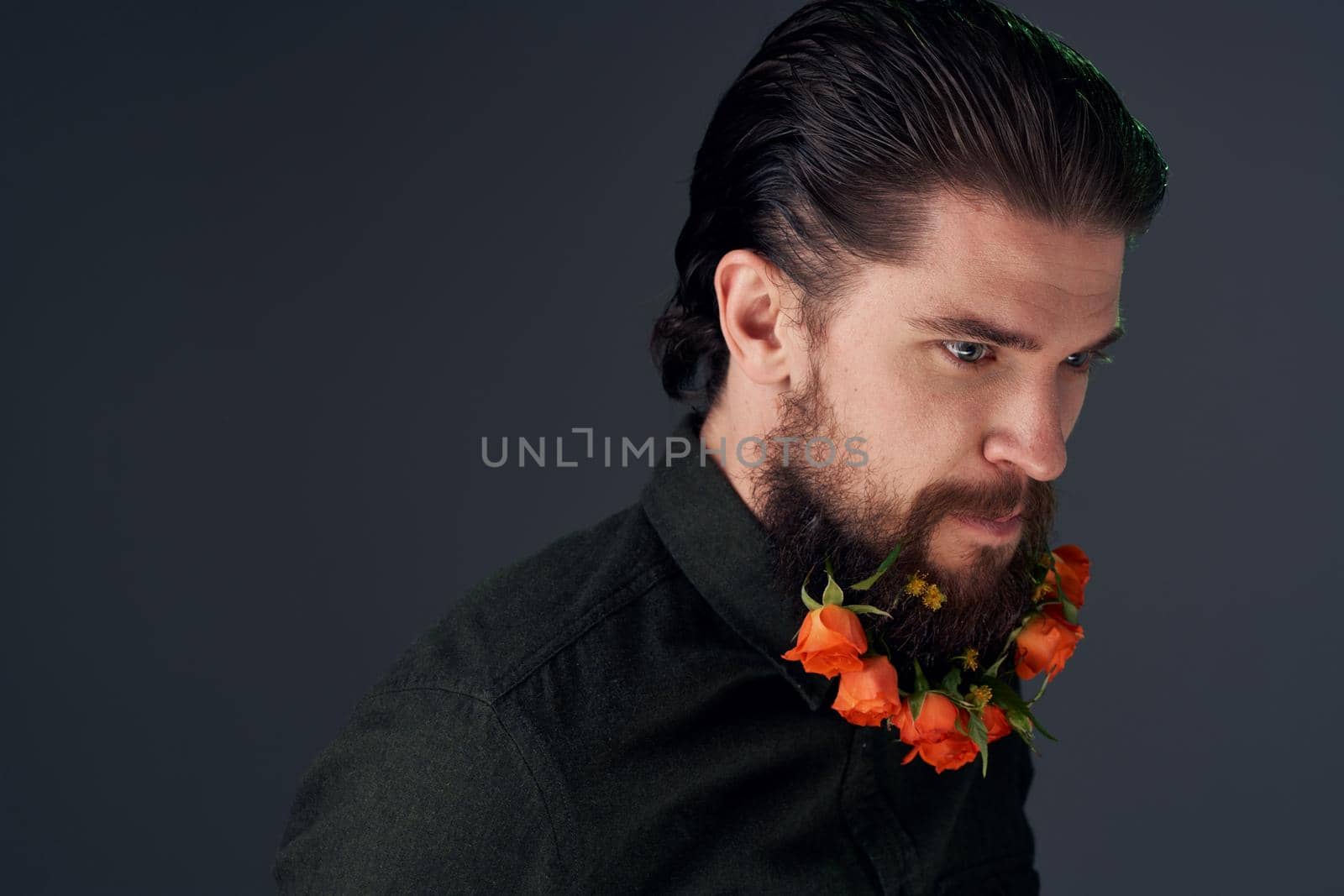 Cute man flowers in beard ornaments elegant style close-up by SHOTPRIME