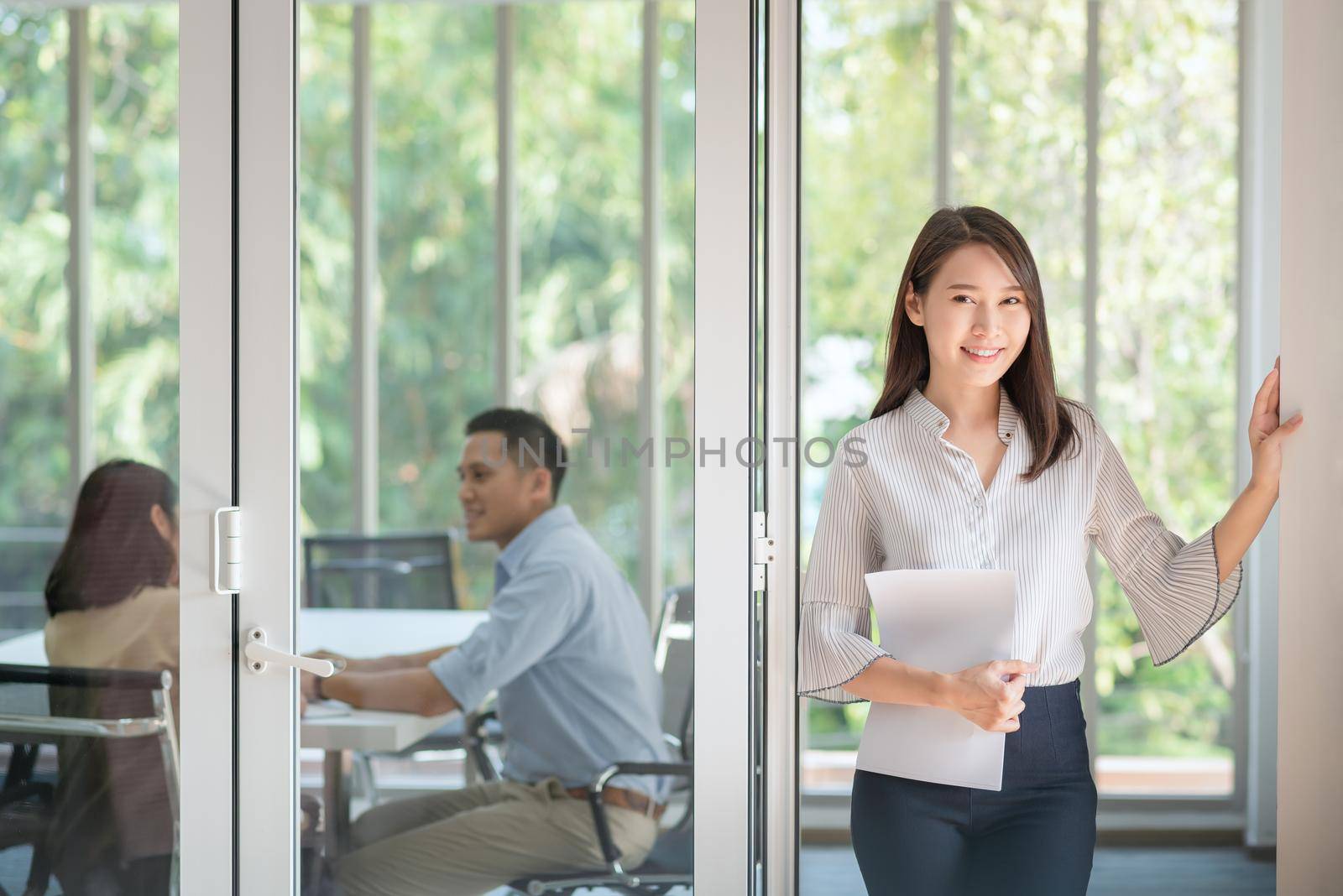 Business employee enjoy and happy to work at company office with positive attitude.