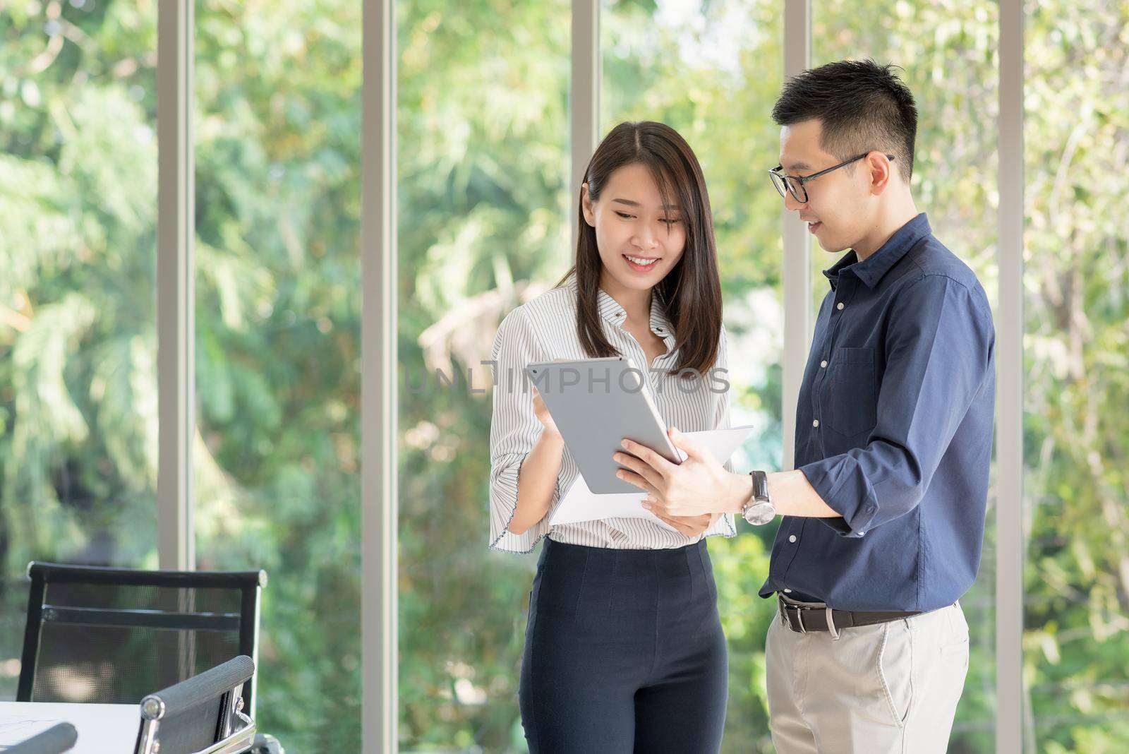 Business employee enjoy and happy to work at company office with positive attitude.