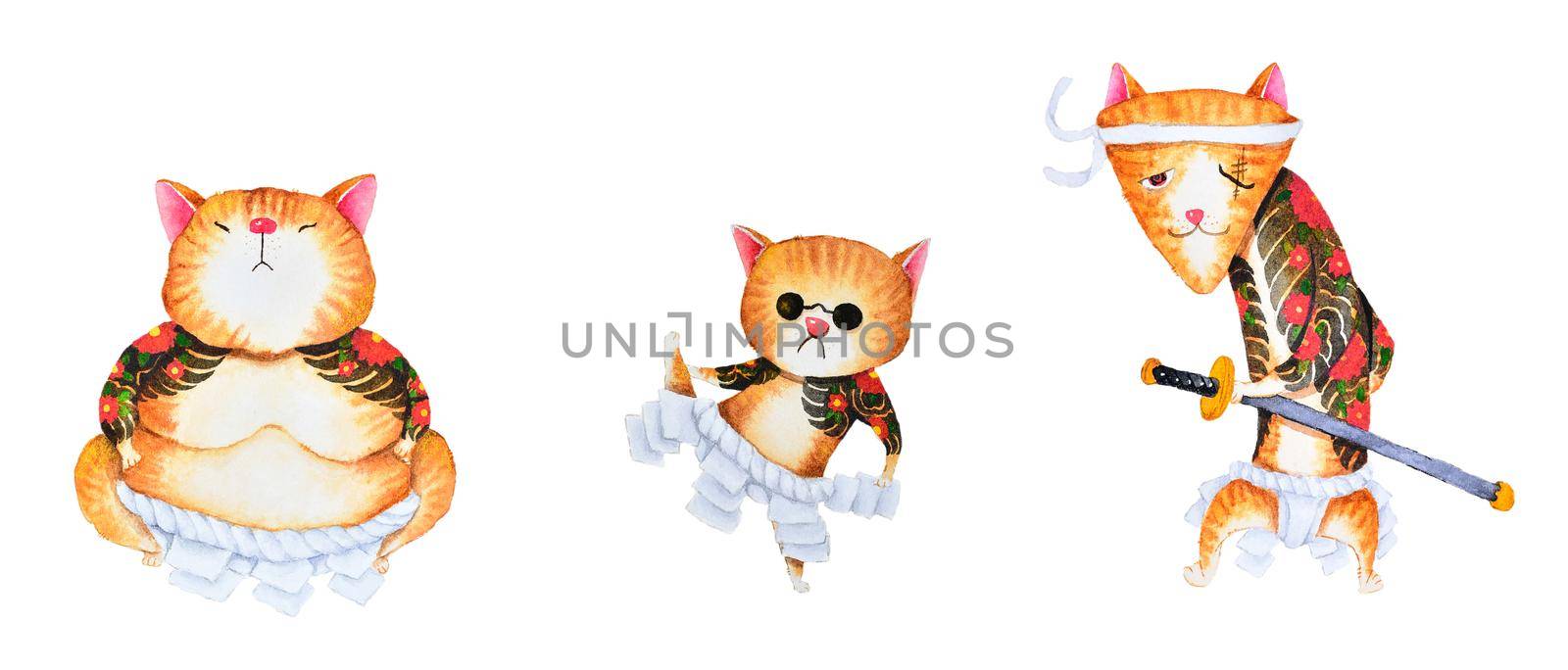 Watercolor painting cute cat cartoon art design of Japanese yakuza gang on white background. by Nuamfolio