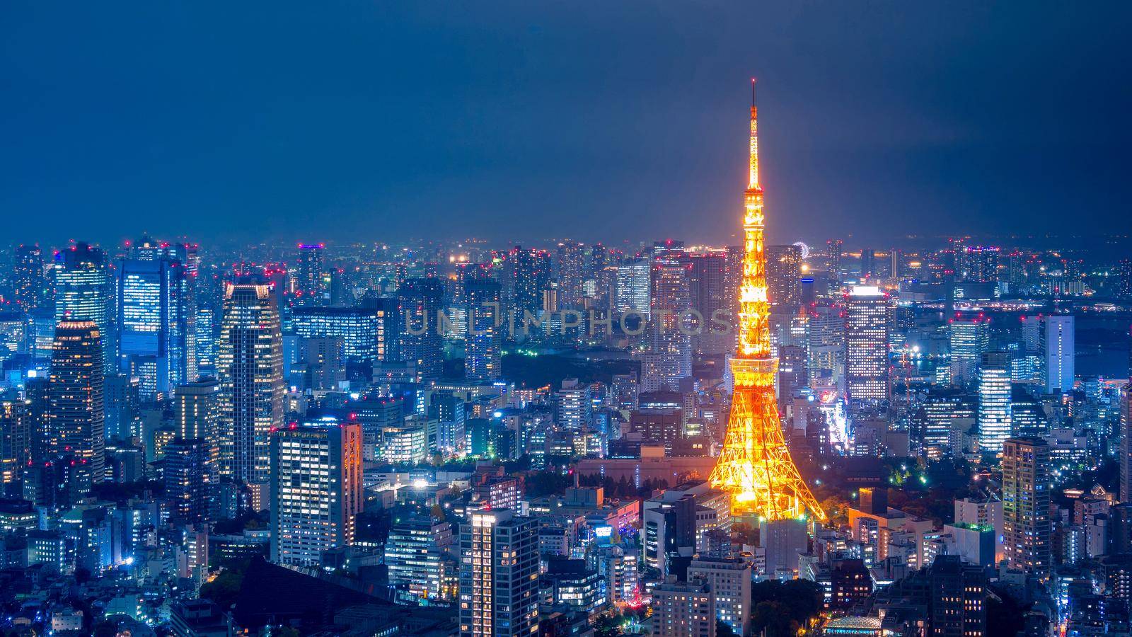 Aerial view over Tokyo tower and Tokyo cityscape view from Roppongi Hills at night. by Nuamfolio