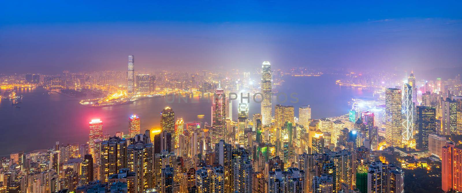 Panorama view over Hong kong downtown the famous cityscape view of Hong Kong skyline during twilight time view from the Victoria peak in Hong Kong.
