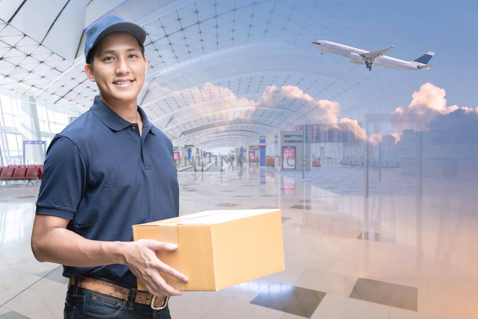 Asian delivery man holding a cardboard box with international airport background for e-commerce and logistics concept.