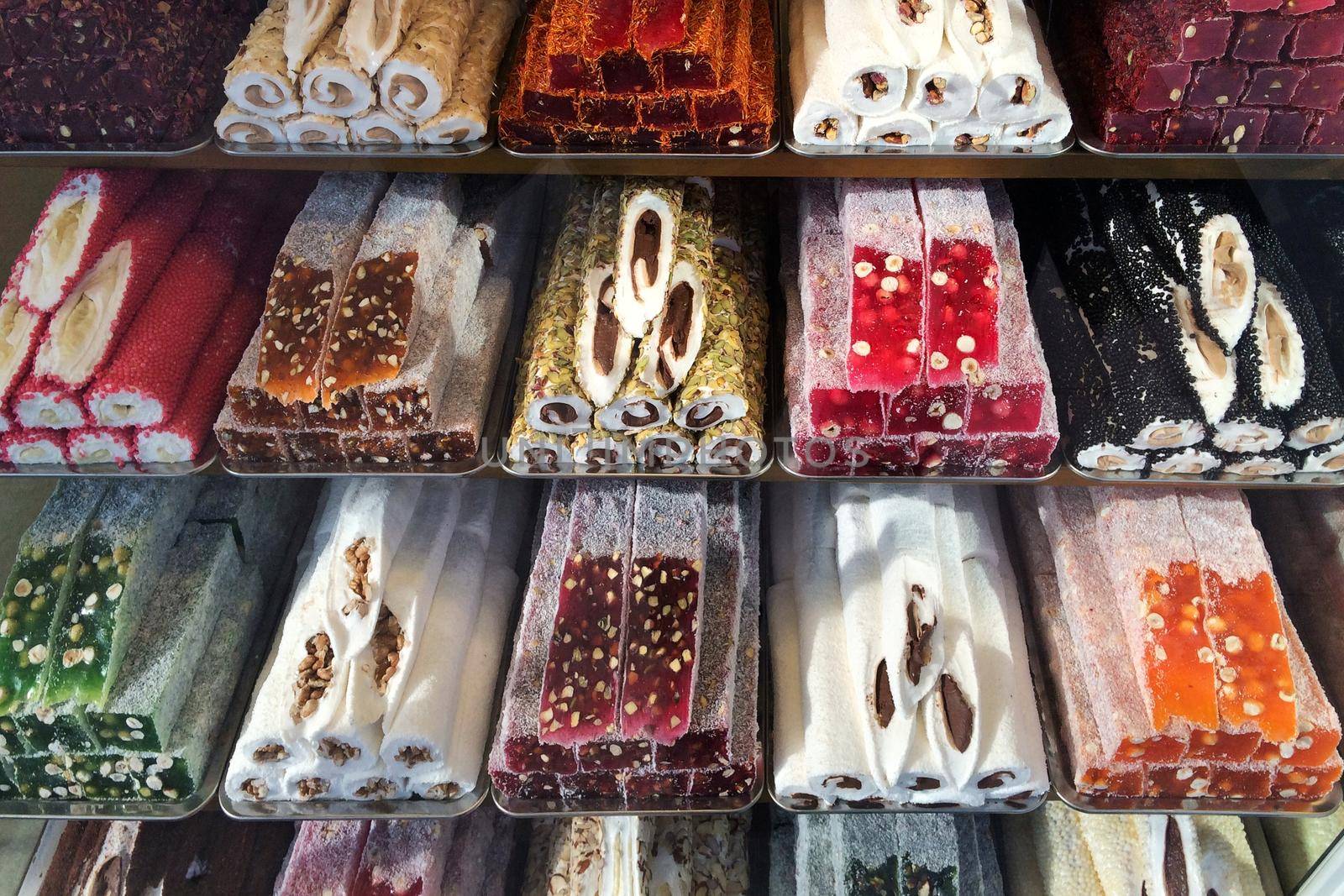 Traditional Turkish delight sweets at  Turkish delight Shop near Sultan Ahmed Square in Istanbul,Turkey