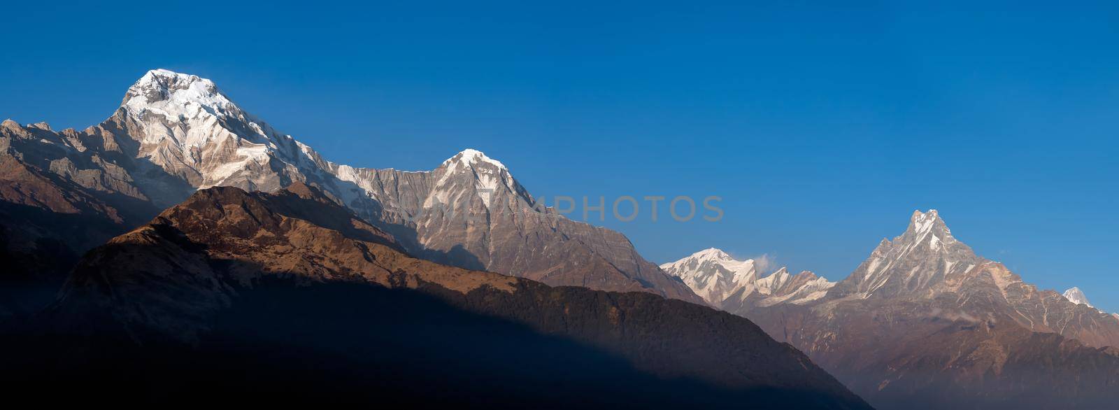 Panorama nature view of Himalayan mountain range with clear blue sky at Nepal