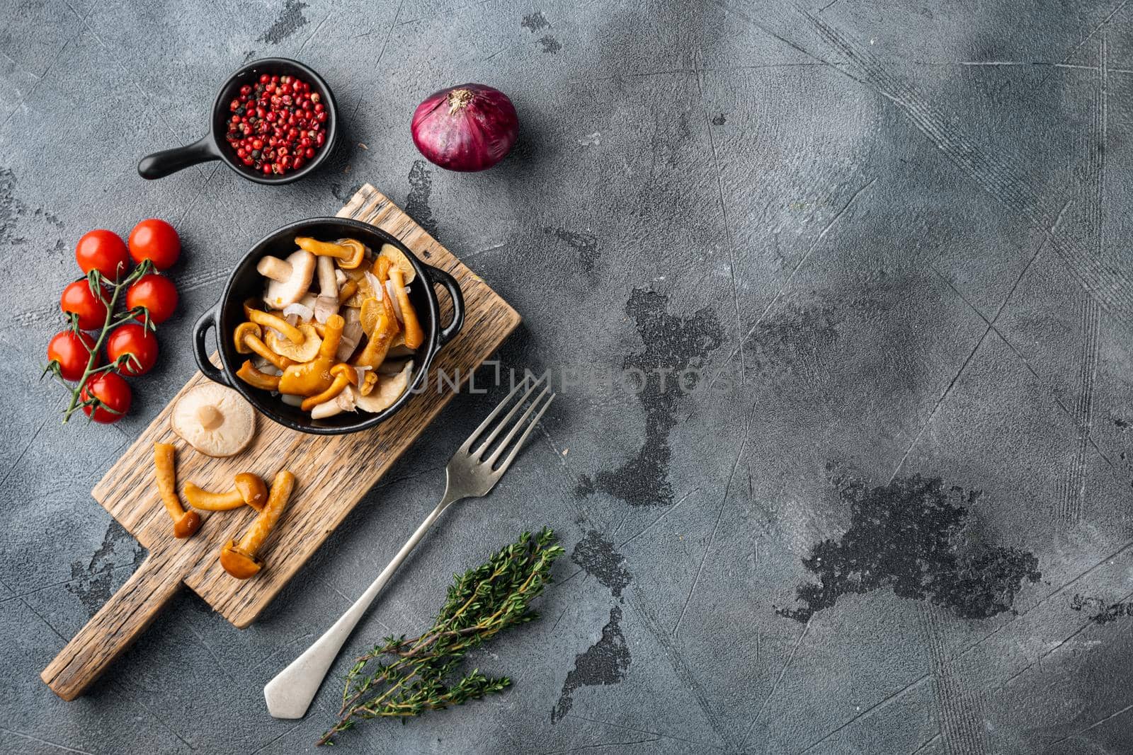 Fermented food: Mushroom preservation set, on gray background, top view flat lay , with space for text copyspace