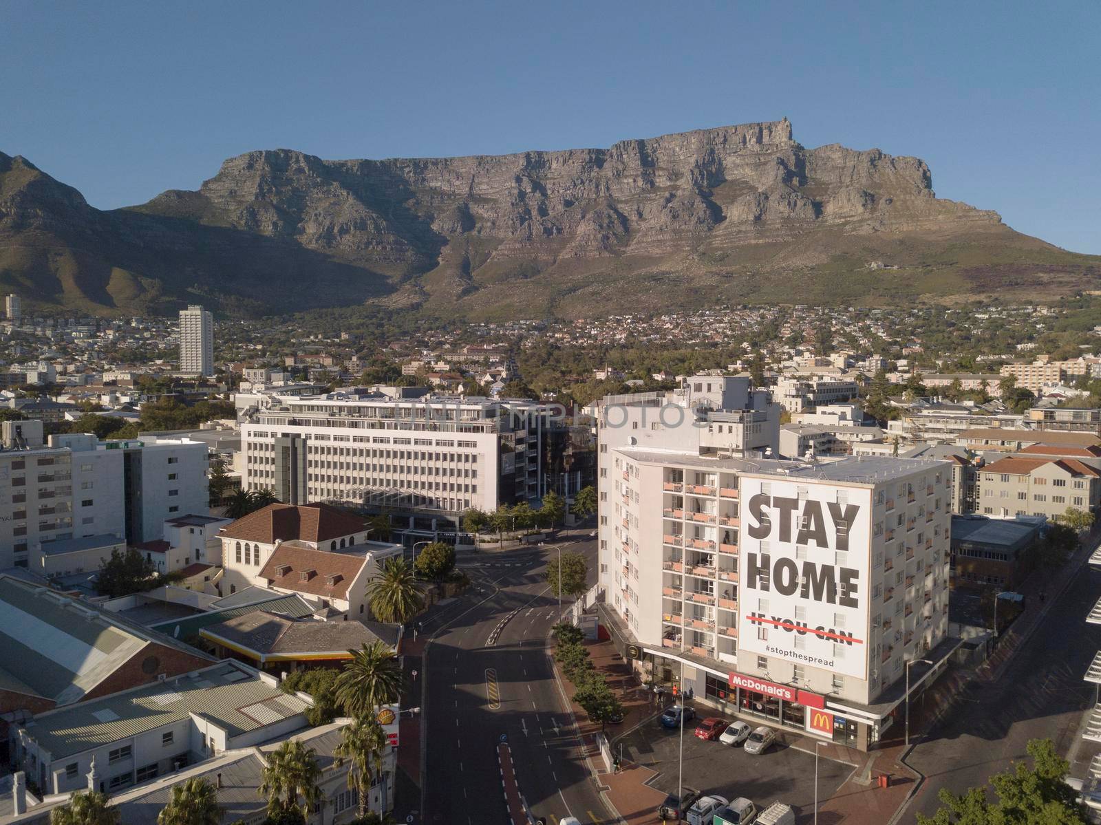 2 April 2020 - Cape Town, South Africa: Aerial view of empty streets in Cape Town, South Africa during the Covid 19 lockdown.