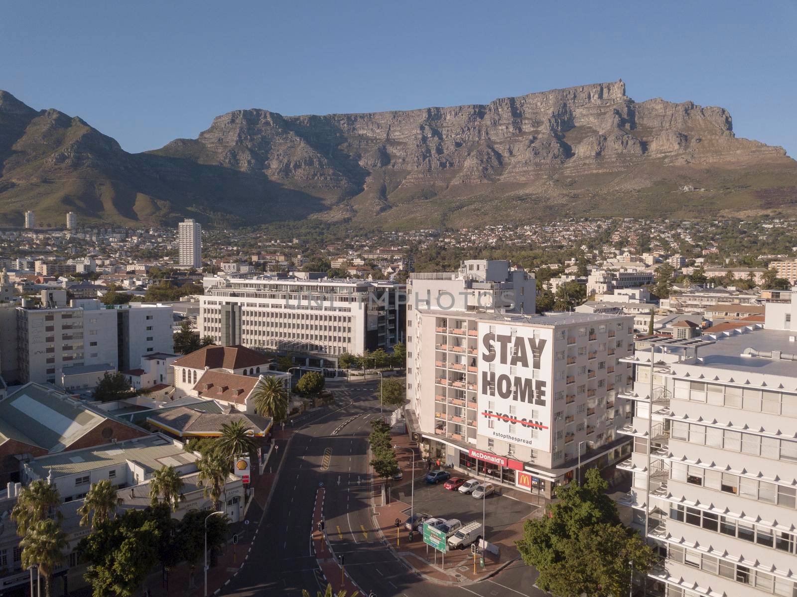 2 April 2020 - Cape Town, South Africa: Aerial view of empty streets in Cape Town, South Africa during the Covid 19 lockdown.