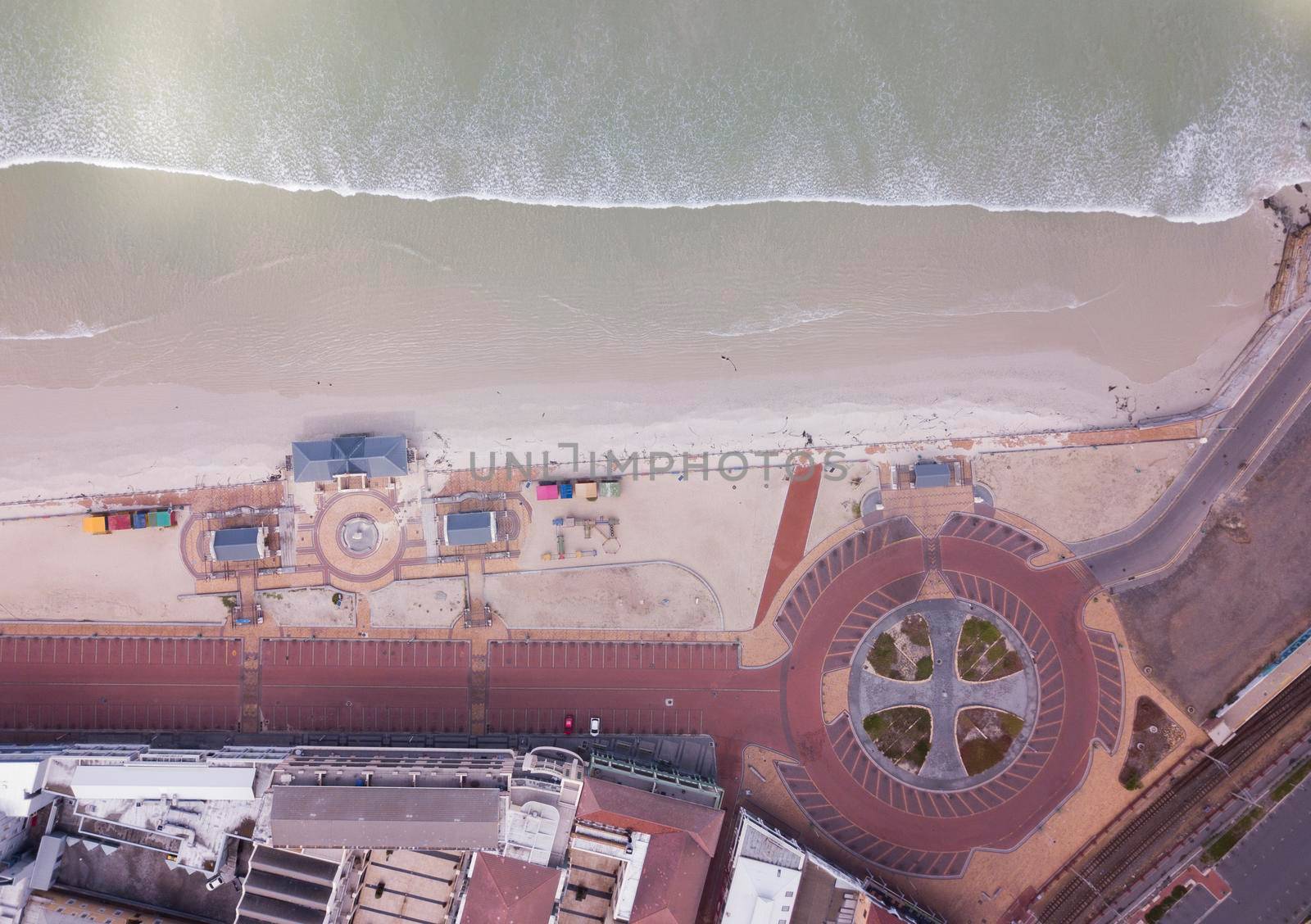 Aerial view of Muizenberg beach, abandoned during Covid lockdown, Cape Town by fivepointsix