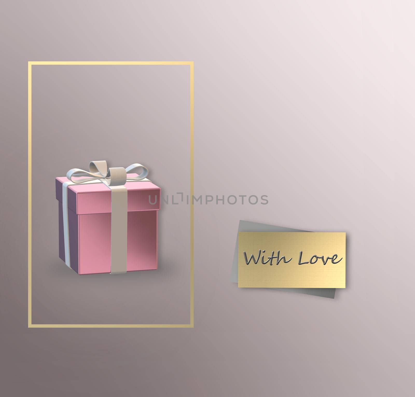 Gift box, text with love. 3D realistic gift box with bow, gift tag on pastel background. Valentines, Love, party invitation, mothers day, 8th March, wedding, greeting card. 3D illustration