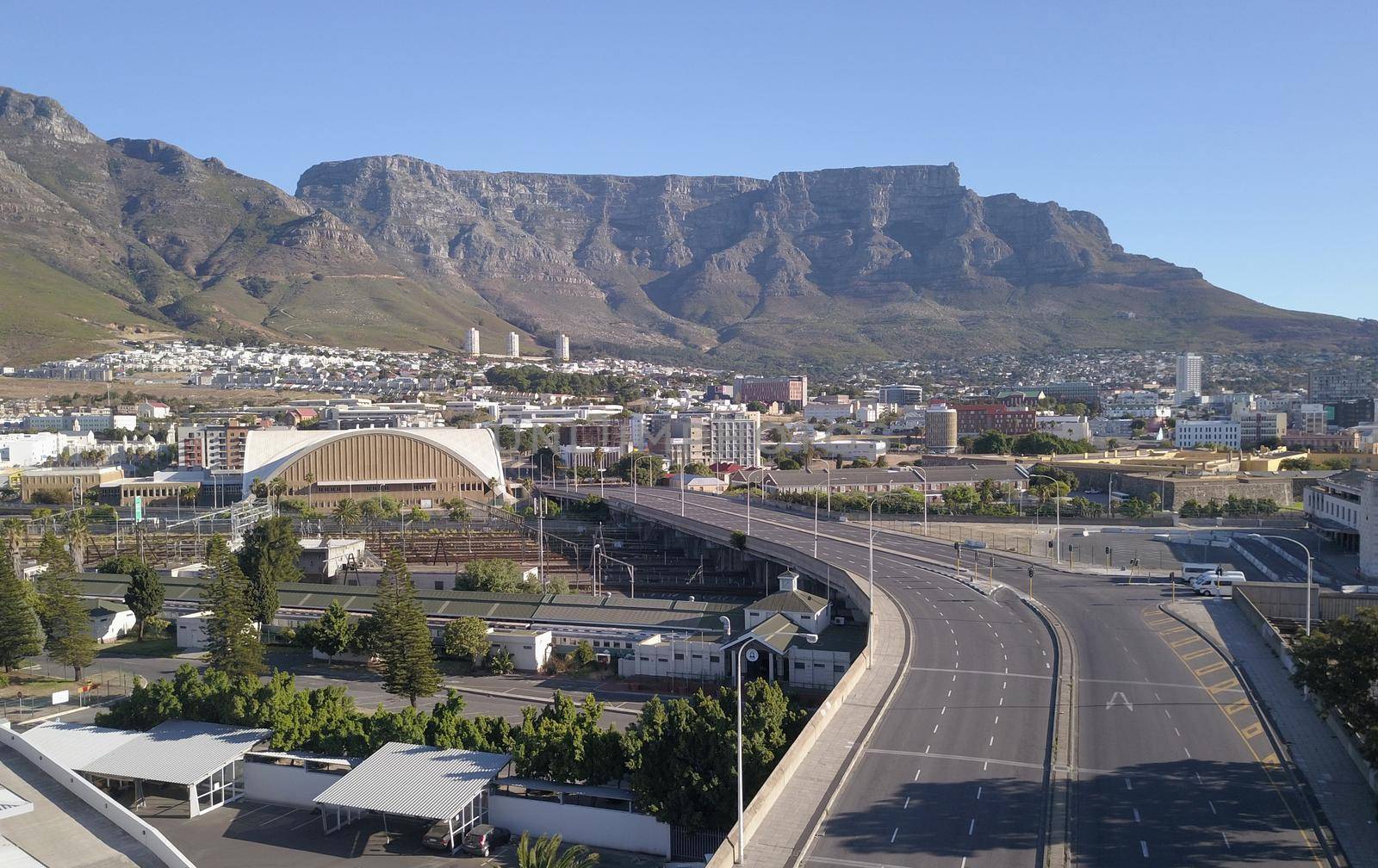 2 April 2020 - Cape Town, South Africa: Aerial view of empty streets in Cape Town, South Africa during the Covid 19 lockdown. by fivepointsix