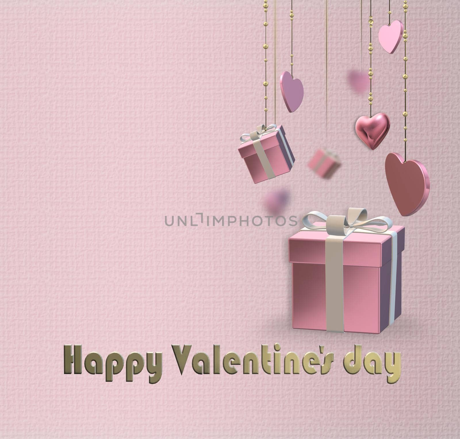 Hanging gift boxes and 3D hearts. STmbol of love realistic gift boxes, hearts on pastel pink background. Gold text Happy Valentines day. Love, party invitation, 8th March, wedding, 3D illustration
