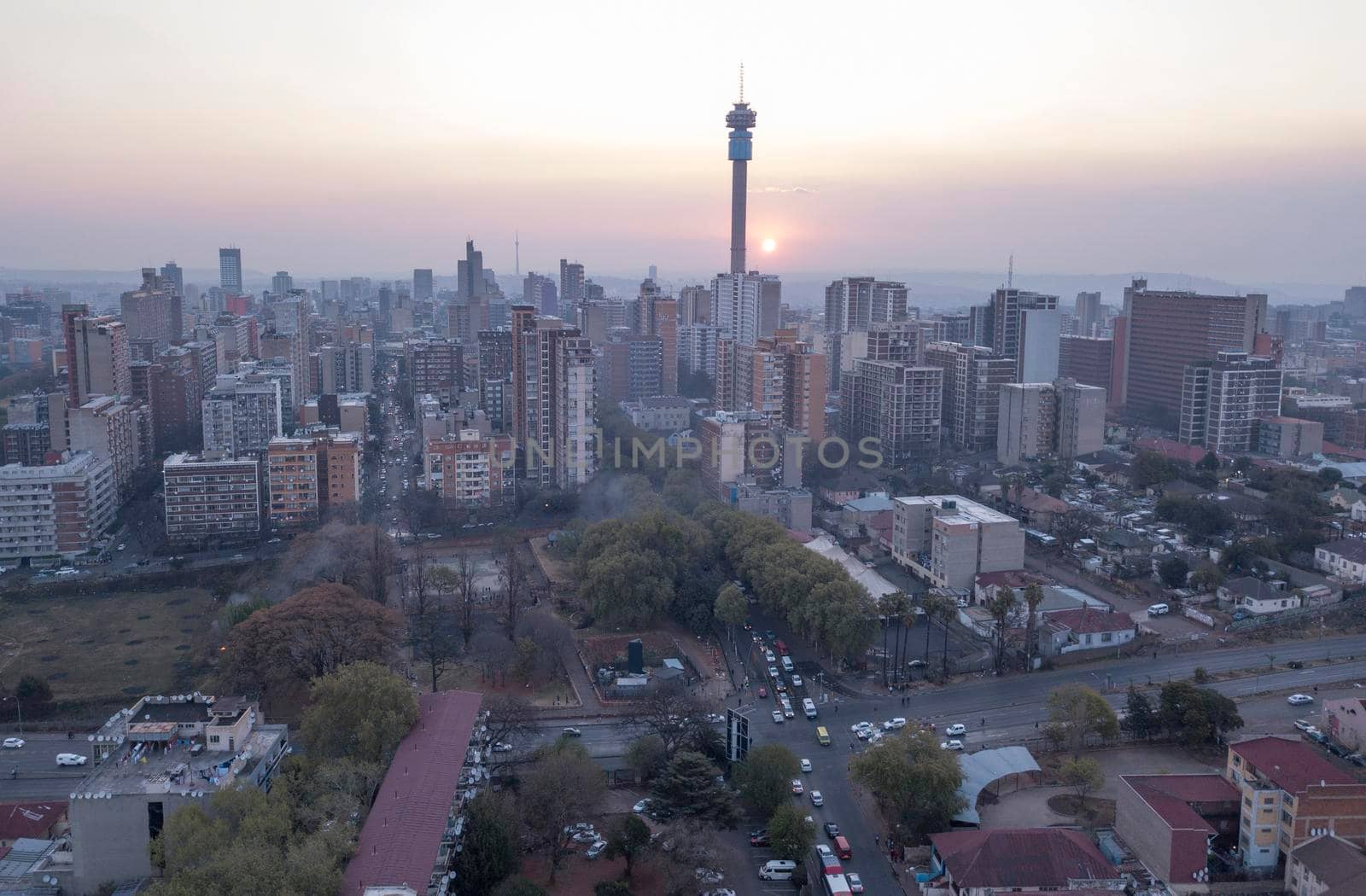 Aerial view of Johannesburg CBD at sunset, South Africa by fivepointsix