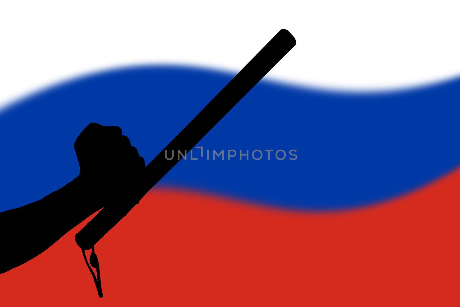 hand with police tonfa rubber stick silhouette and blurry russian flag in the background - violent riot control concept