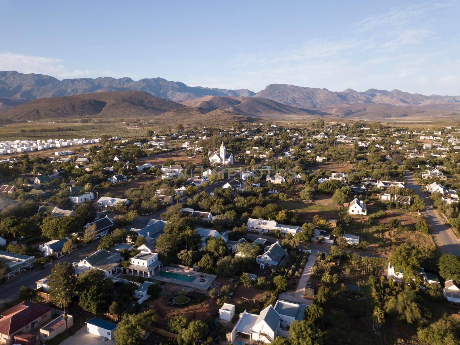 Aerial over small town village, in South Africa, Mcgregor by fivepointsix