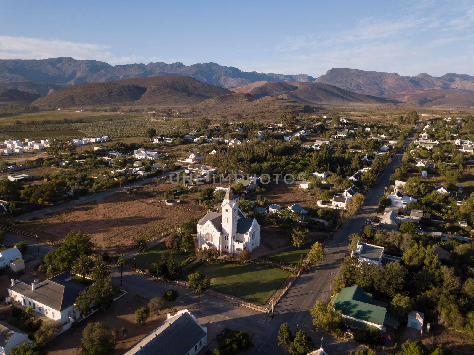 Aerial over small town village, in South Africa, Mcgregor by fivepointsix