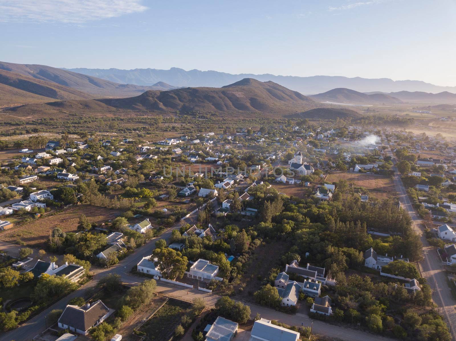 Aerial over small town village, in South Africa, Mcgregor by fivepointsix