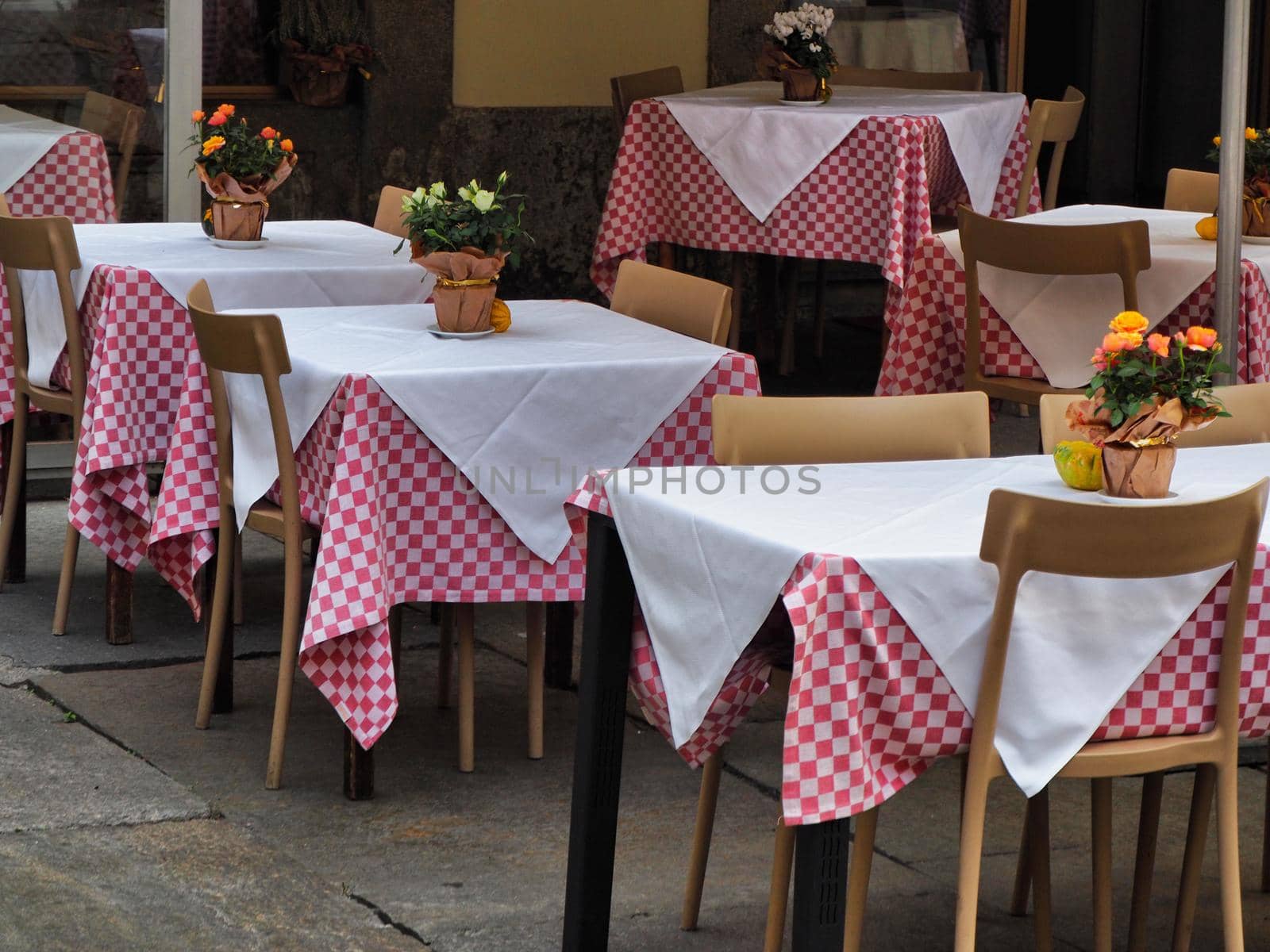 Tables of restaurant terrace deserted after the resurgence of cases of contagion of the pandemic Turin Italy October 16 2020